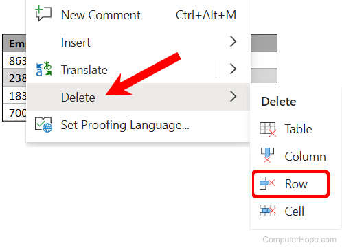Delete row in a Microsoft Word Online table.