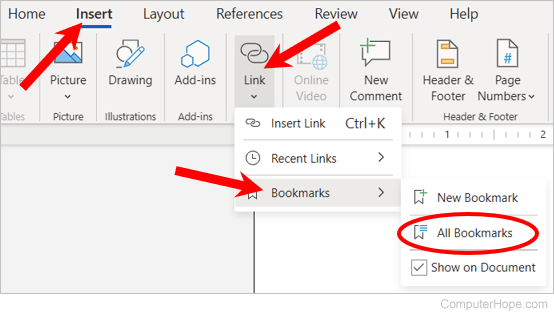 Microsoft Word Online - All Bookmarks option