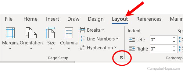 Dialog box launcher on Layout tab in Microsoft Word Ribbon.