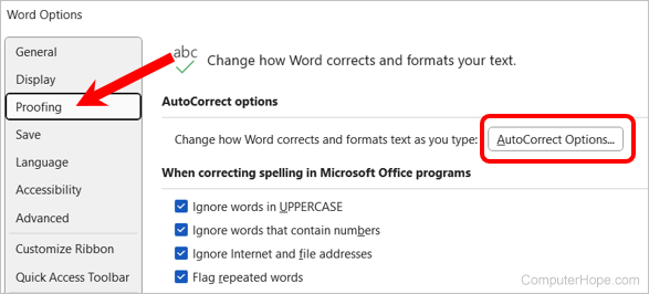Proofing and AutoCorrect settings in Microsoft Word Options.