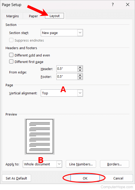 Page Setup window and vertical alignment settings in Microsoft Word.