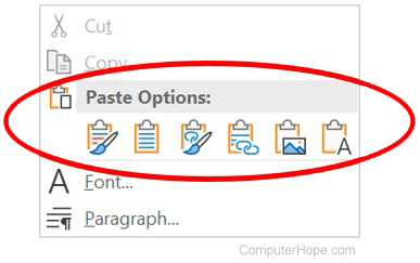 Paste options in Microsoft Word desktop app pop-up menu
