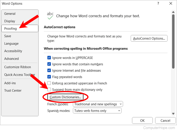 Microsoft Word Options - Proofing and dictionary settings.