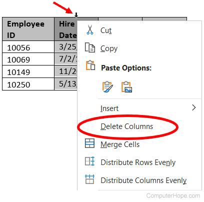 Delete column in a Microsoft Word table