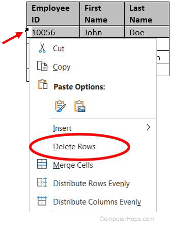 Delete row in a Microsoft Word table