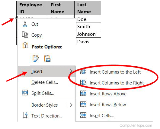 Insert column in a Microsoft Word table