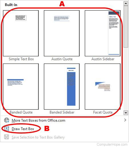 Text Box selection menu in Microsoft Word