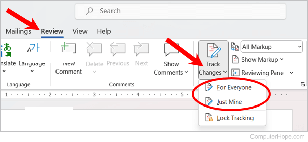 Track changes in Microsoft Word 2019.