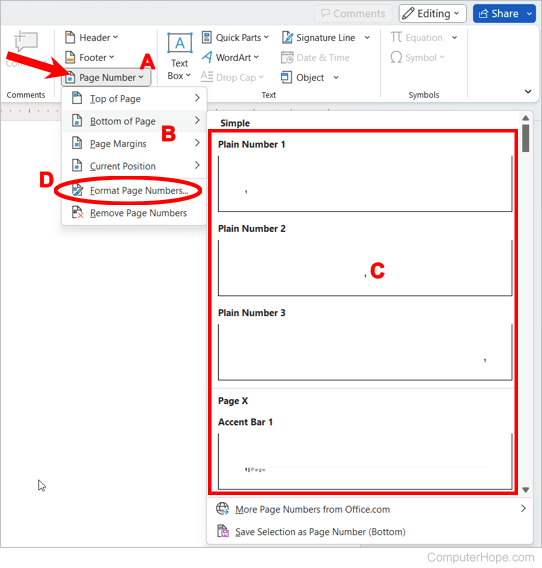 Insert page number in Microsoft Word 365 document.