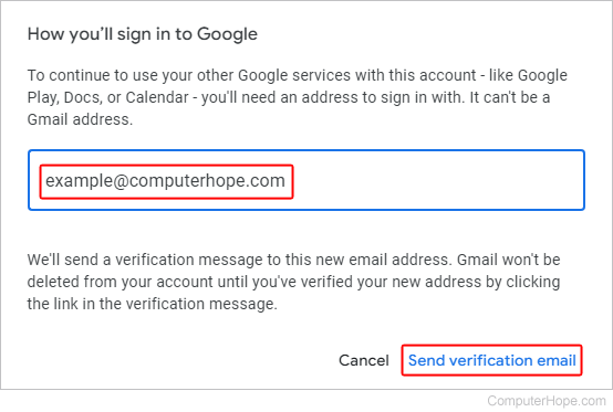 Sending the deletion link for a Gmail account.