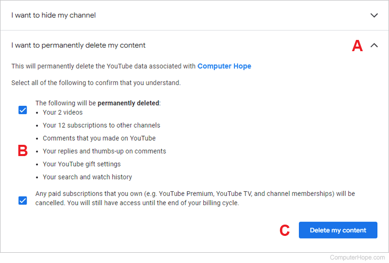 Deletion options for a YouTube account.