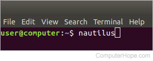 Launching Nautilus file manager from the Ubuntu terminal.