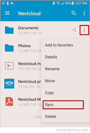 To sync an item to your device, click the three vertical dots next to the item, and choose Sync.