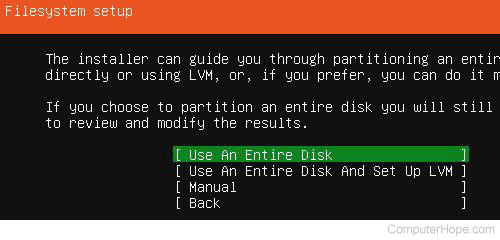 In Filesystem setup, choose Use an Entire Disk.