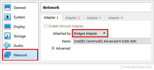 On the left, click Network. In the Attached to: drop down box, choose Bridged Adapter.