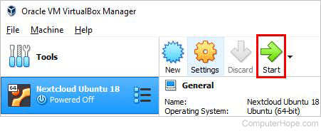 With the Ubuntu Server virtual machine highlighted, Click the Start button.