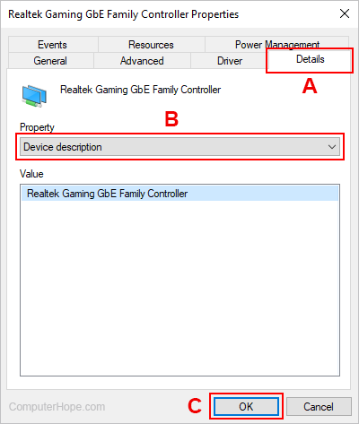 Details tab of a Realtek Gaming GbE Family Controller.