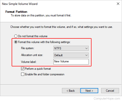 Format for a new volume in Windows