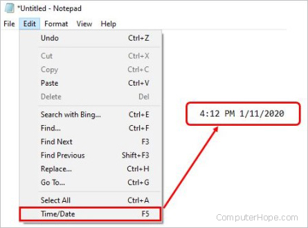 Insert date and time in Notepad