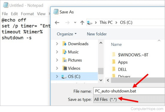 Save script as a batch file in Notepad