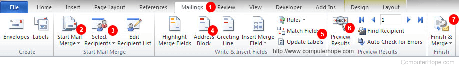 Microsoft Word Mailings bar
