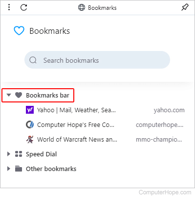 Menu that allows users to select bookmarks folder they'd like to view.