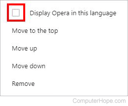 Checkbox to select a language in Opera.
