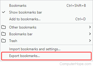 Selector for exporting bookmarks in Opera.