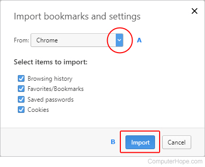 Menu to select where to import bookmarks from.