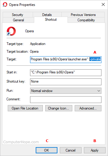 Launching Opera in incognito mode by default.