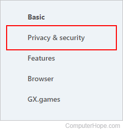 Opera Privacy selector