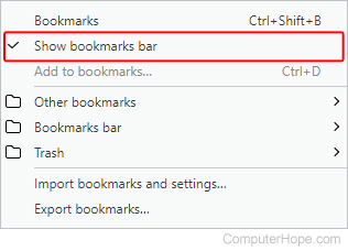 Option to toggle the bookmarks bar on and off in Opera.