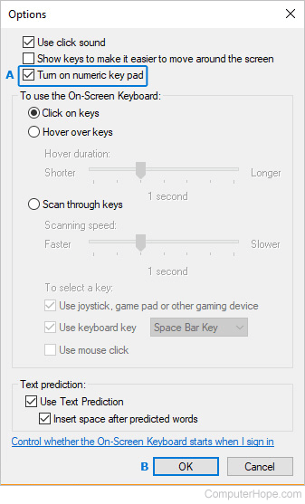 Option to turn on the number pad through the On-Screen Keyboard in Windows.