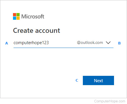 Create account prompt on Outlook.com.