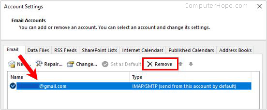 Remove e-mail account in Outlook 2016 and later Account Settings.