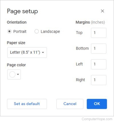 Google Docs Page setup