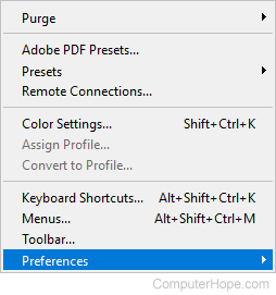 Preferences selector in Photoshop.