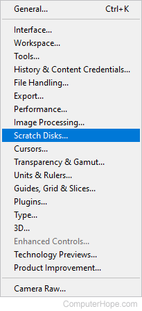 Scratch Disks selector in Photoshop.