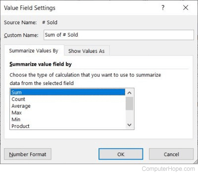 Pivot table value field settings