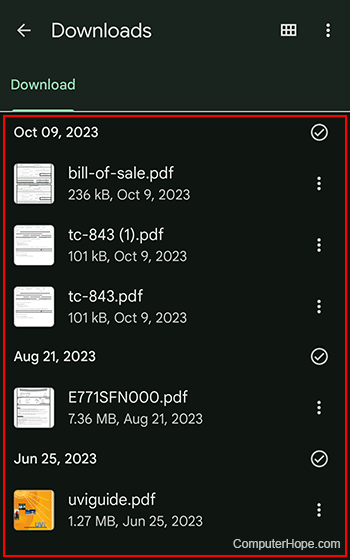 List of downloads on an Android device.