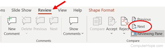 PowerPoint Next option on Review tab
