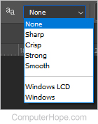 Photoshop drop-down menu for anti-aliasing