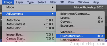 Image menu, Adjustments, Hue-Saturation.