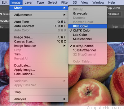Image menu, Mode, RGB Color.