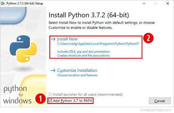 Installing Python 3.7.2 for Windows.