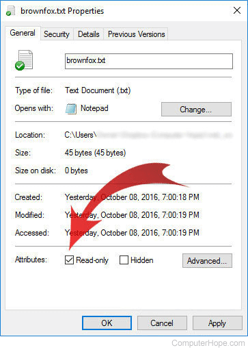 Read-Only attribute, listed in the Windows 10 File Properties window