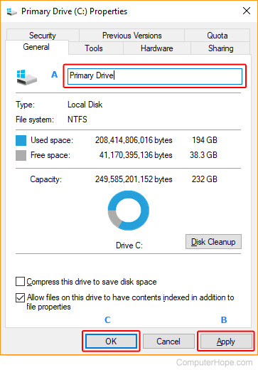 Renaming a drive in Windows.