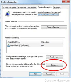 Windows 10 Restore point create button