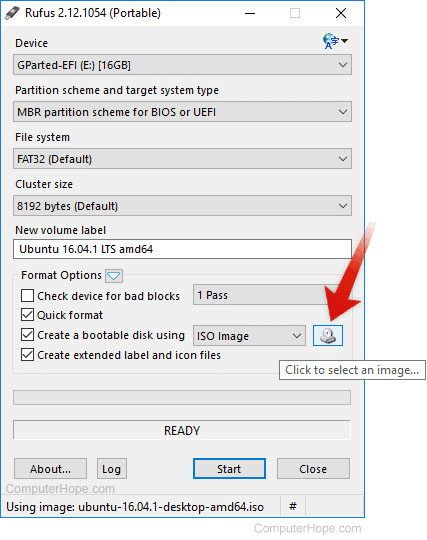 Selecting the source ISO image file in Rufus