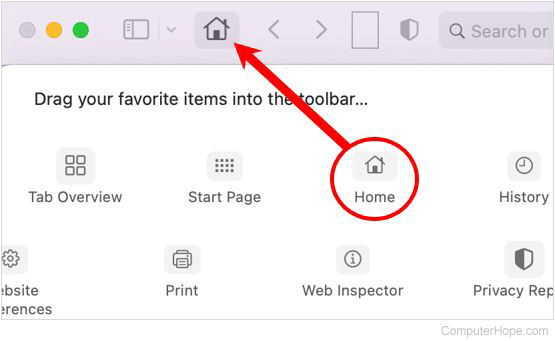 Drag-and-drop the Home button to the Safari toolbar in the customize toolbar window.